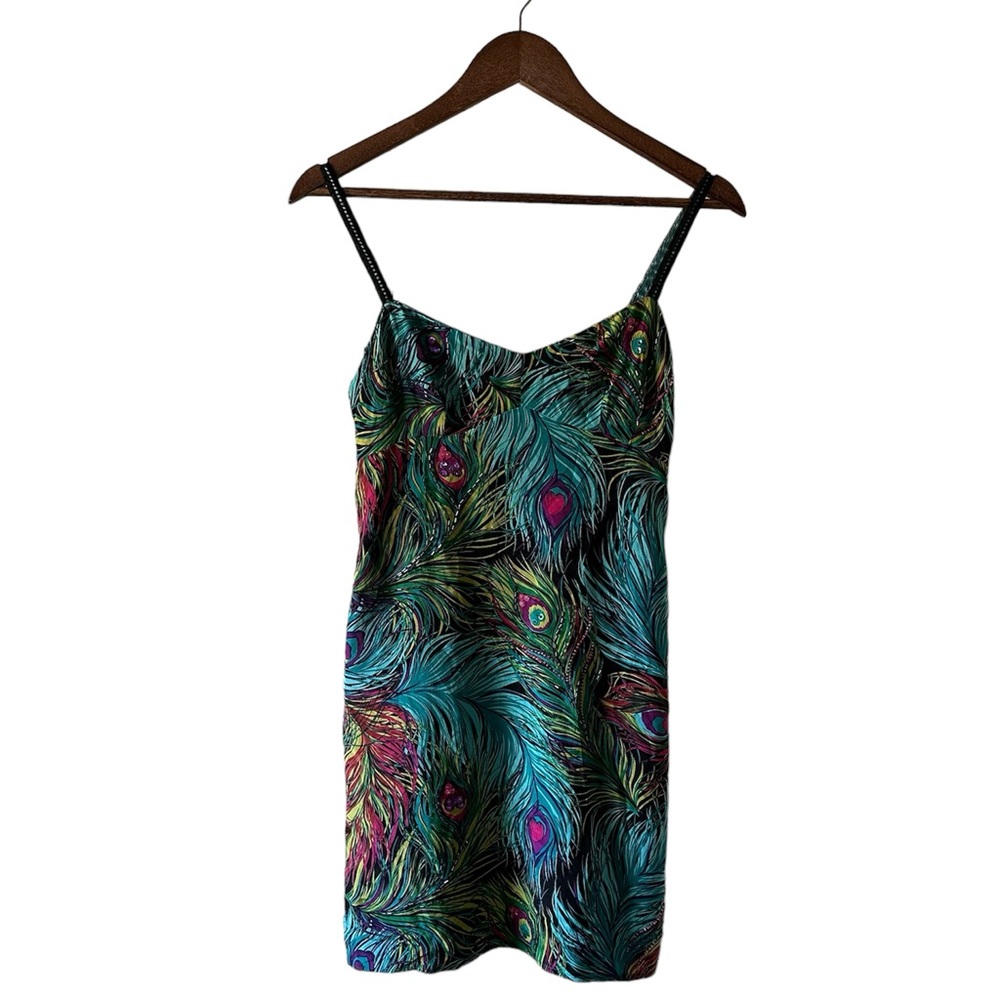Nanette Lepore Peacock feather 100% Silk sequin beaded midi dress size 0 Y2K
